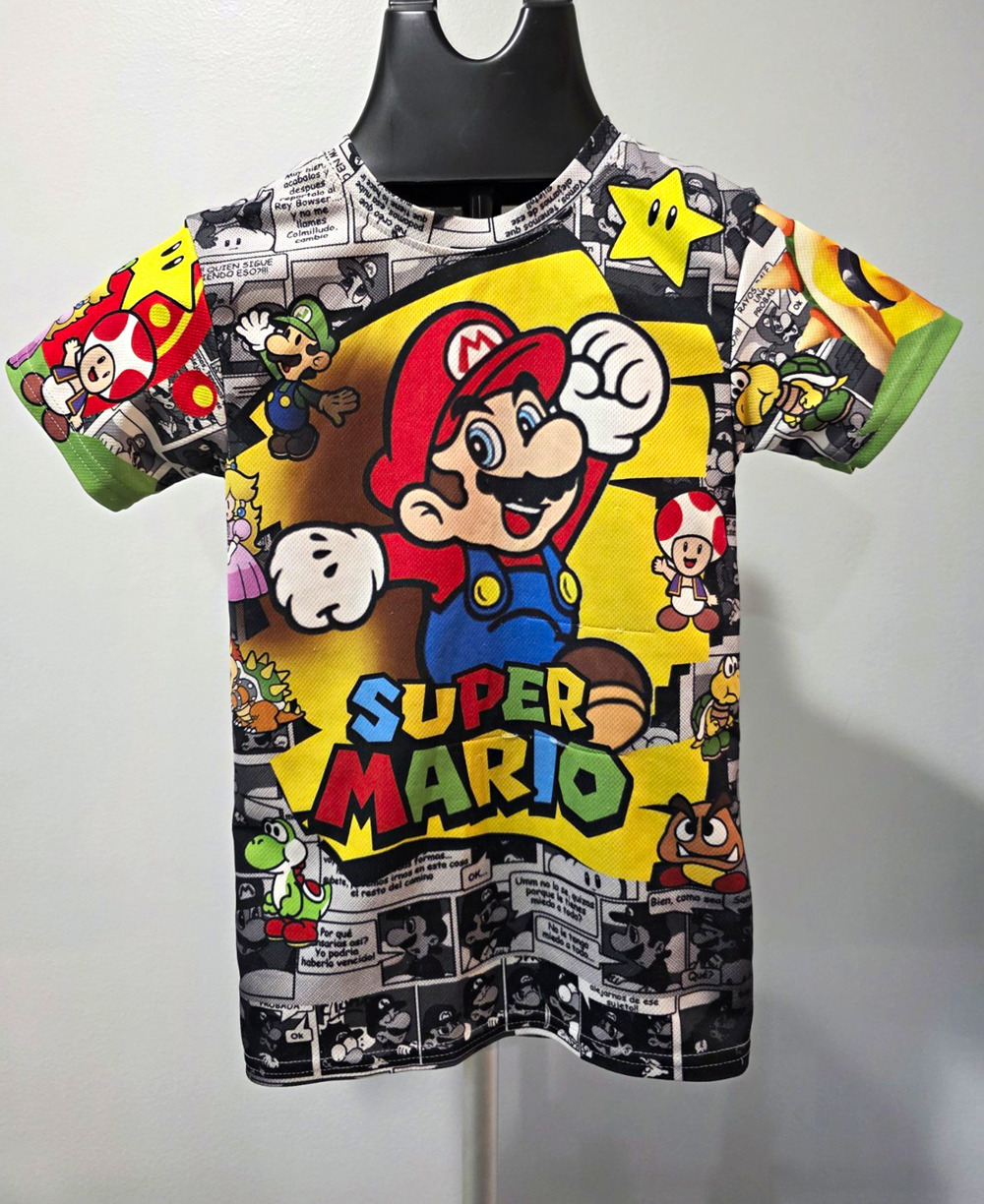 BLOOR Super Mario Nintendo Kids Shirt Size 6-8 Yoshi Luigi Toad All Over Print